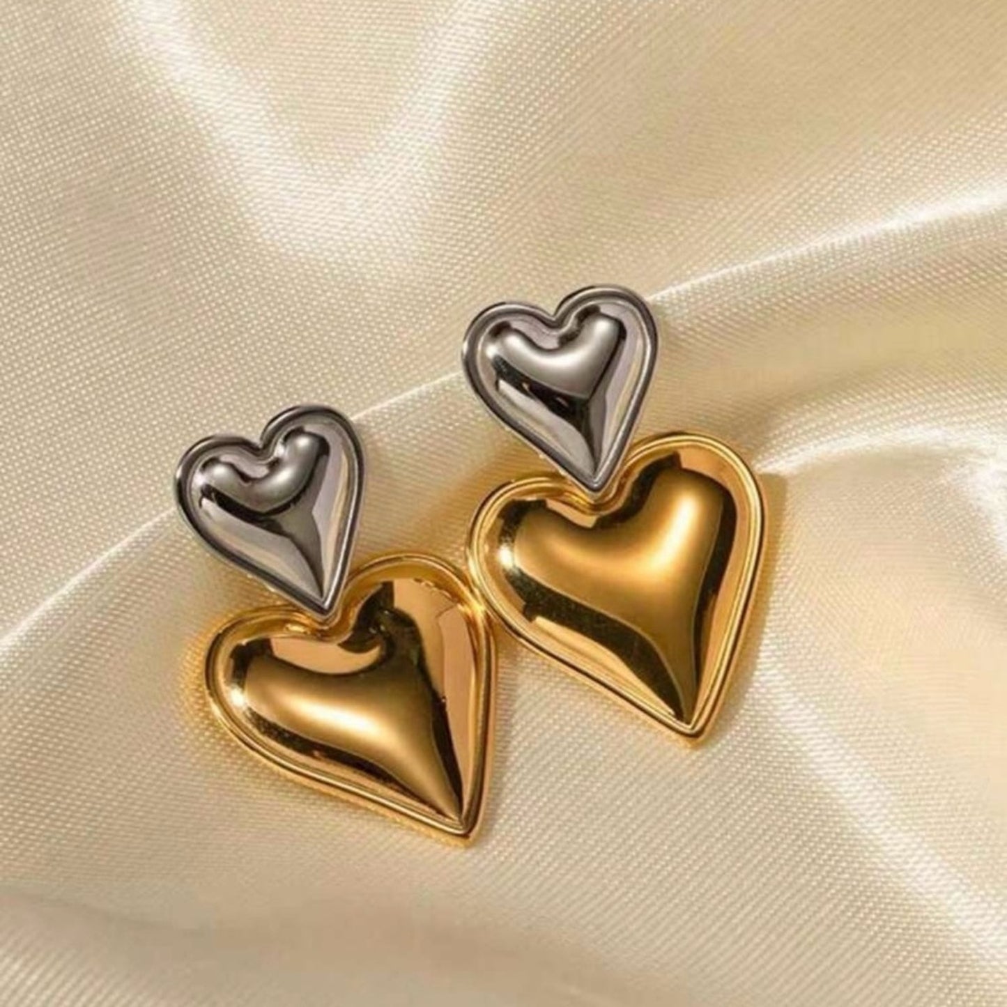 Two Toned Double Heart Earrings (gold + silver in 1)