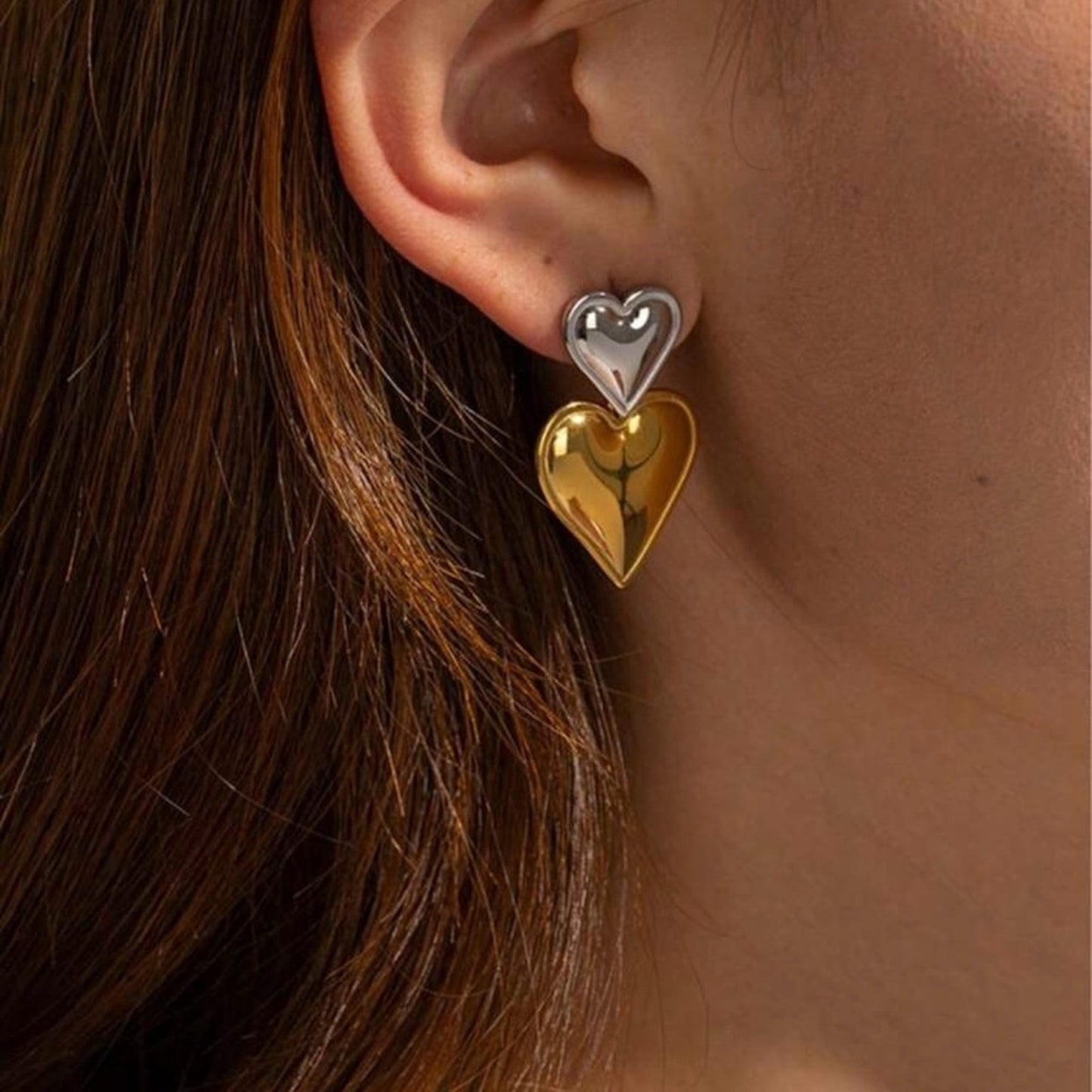 Two Toned Double Heart Earrings (gold + silver in 1)